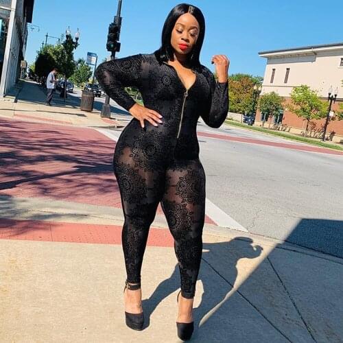 Black Sheer Mesh Flower Flocking Bandage Rompers Women Zipper Up Long Sleeve Skinny Catsuit Elegant See Through Party Bodysuit