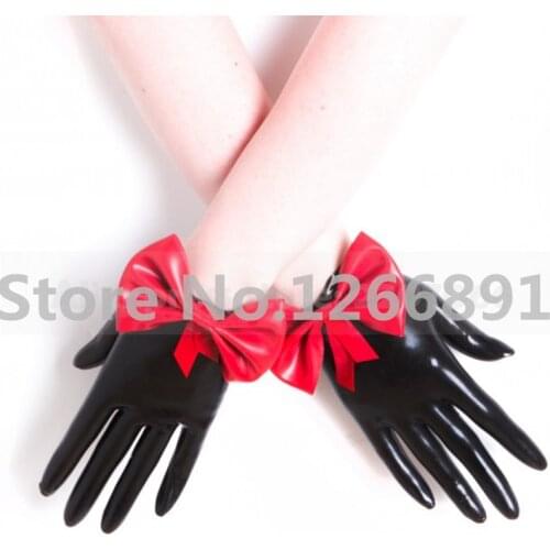 Black Rubber Latex Fetish Short Gloves with Bow-knot