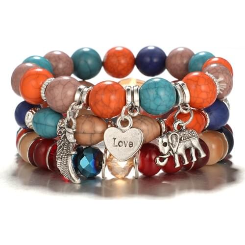 HuaTang 3pcs /set Bohemian Love Elephant Tassel Bracelet Set Adjustable Wing Colorful Stone Beadeds Bracelets Bangle 6872