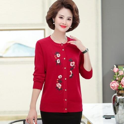 Flower Embroidery O Neck Women Cardigan Loose Casual Knitted Warm Sweater Outwear Mother Streetwear Fall Top Clothes