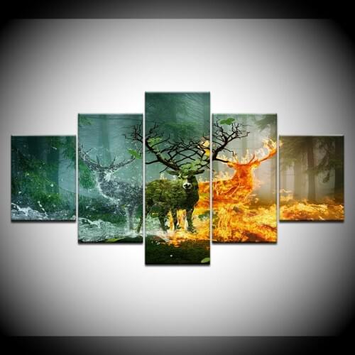 Canvas Painting Snow deer fire deer in forest 5 Pieces Wall Art Painting Modular Wallpapers Poster Print living room Home Decor