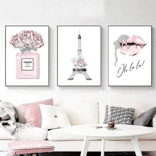 Pink flower perfume fashion lady rhinestone mosaic painting silver lips art painting wall picture modern girl room home decor
