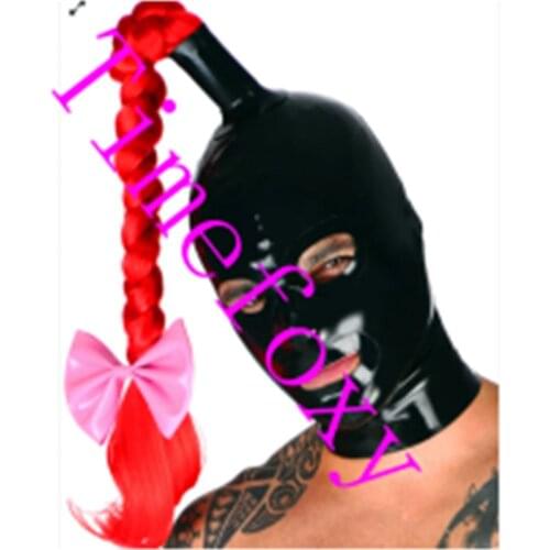 Latex head mask fetish hood ponytail cat woman with Zipper on Back Costumes Accessories for Party halloween