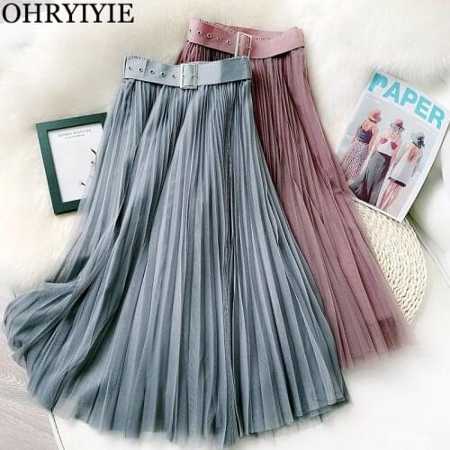 OHRYIYIE Summer Midi Long Pleated Skirt Female Casual High Waist Tulle Skirt Women Pink Black Mesh Bech Party Skirts Jupe Longue