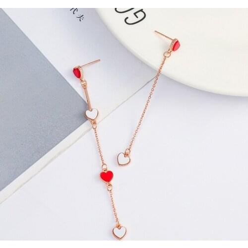 Fashion Simple Asymmetric Red Love Lady Long Earrings Small Red Heart Tassel Pendant Earrings