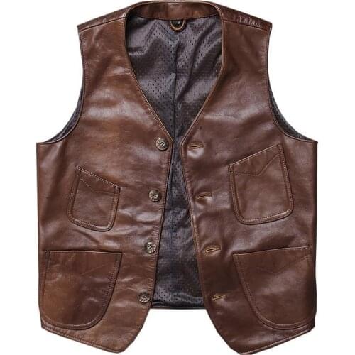 Mens brown leather vest multi-pocket retro jacket mens single-breasted sleeveless jacket