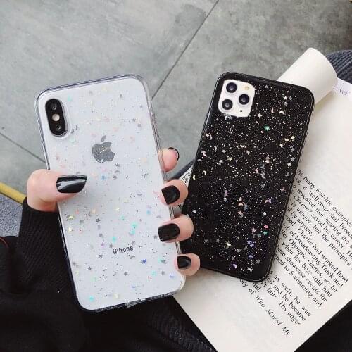 For iPhone 12 11 Pro 6 6s 8 7 Plus XR SE X XS Max 5S Cover Glitter Bling Star Moon Sequins Soft TPU Clear Silicone Phone Case