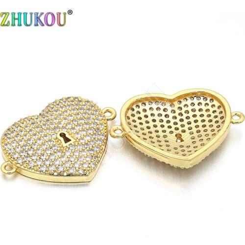 16*23mm Brass Cubic Zirconia Two Loops Heart Pendant Connectors Diy Jewelry Findings, Mixed Color, Hole: 1mm, Model: VS114