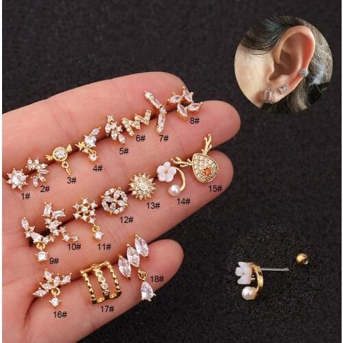 New Creative Zircon Earrings with Ball Ear Stud Female Ear Cartilage Puncture Foreign Trade Stainless Steel Ornament