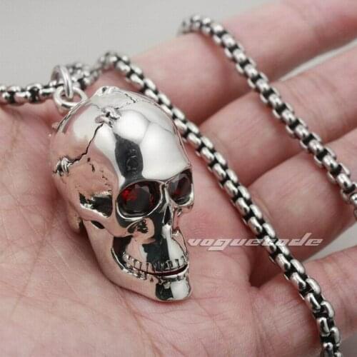 Solid Red CZ Eyes Skull 925 Sterling Silver Mens Biker Rock Punk Pendant 8C013