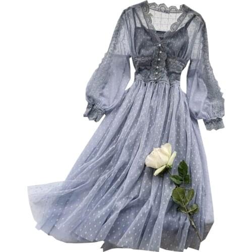 Autumn 2021 newV-neck dressmesh long chic gentle wind dress sfairy sweet long temperament dress