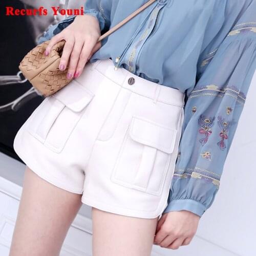 Ropa De Mujer Spring/Summer Women 100% Genuine Leather Pockets Casual Shorts Female Sexy Pure White Wide Leg Boots Mini Pants