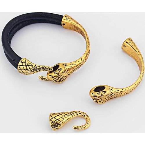 2 Sets Antique Gold Long Snake Head Tail End Caps Hook Clasp for 8.5*5.5 Leather Cords Bracelet Bangle Jewelry Findings