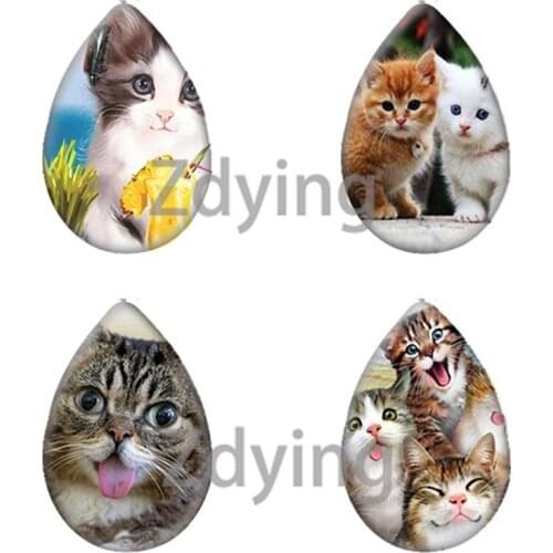 Zdying Lovely Animal Cats Teardrop Water Drop Glass Cabochon Photo Beads DIY Demo Flat Back Making Findings Accessories Supplies