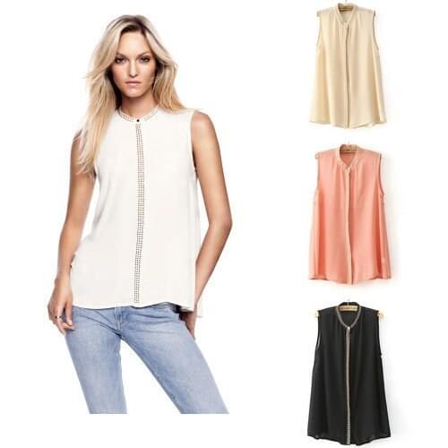 2021 New Fashion Summer Women High Street Beige Pink Chiffon Shirts Tops Lady Vintage Polyester Rivets Sleeveless Long Blouses