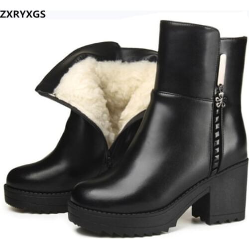 New Fashion 100% Natural Full Genuine Leather Boots 100% Wool Warm Shoes Snow Boots Women Boots High Heel Non-slip Martin Boots