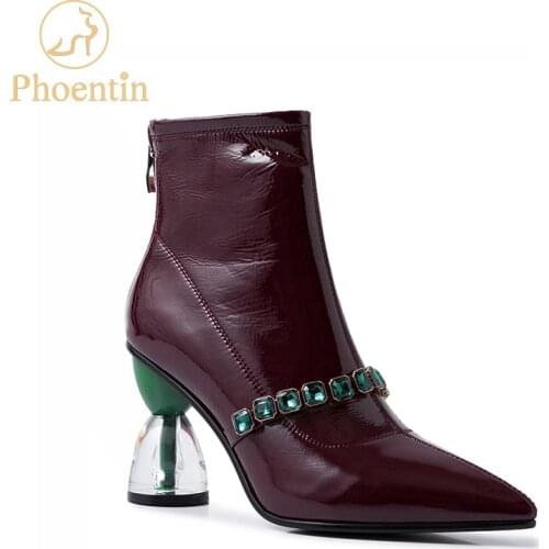 Phoentin genuine leather boots ladies zipper closure crystal strange heels pointed toe plus size shoes woman wine red 2019 FT764