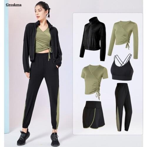 5/6 Piece Set Women Running Sportswear Clothing Yoga Coats+T Shirt+Bra+Shorts+Pants Quick Dry Fitness Gym Suits Ropa Mujer