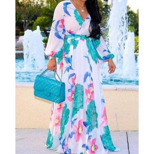 Women Summer Bohemian Tropical Print Long Dress Elegant Deep V Belted Warp Floral Printed Chiffon Maxi Dress