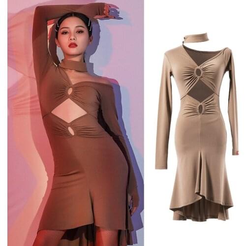 Women Latin Dance Dress Long Sleeve Sexy Oblique Shoulder Khaki Practice Dress Ballroom Latin Dance Competition Dresses SL4397