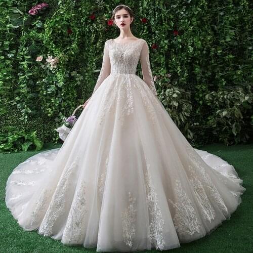 Wedding Dress O-Neck Full Sleeves Crystal Bling Elegant Sexy Backless Simple Embroidery Lace up Long Women Bride Dresses B086
