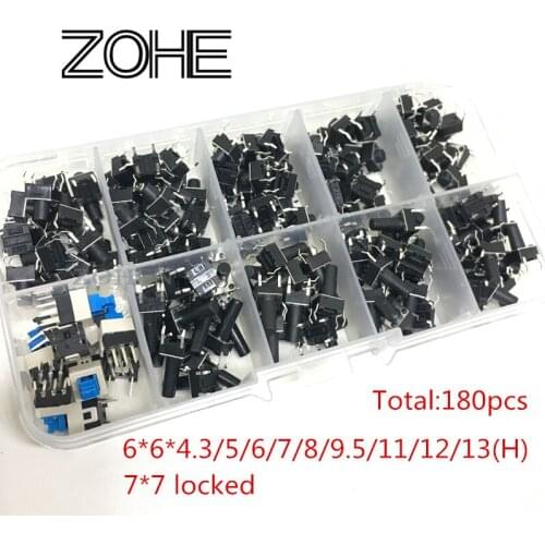 10 models 200pcs 6*6 Tact Switch Tactile Push Button Switch Kit, Height: 4.3MM~13MM DIP 4P micro switch 6x6 Key switch 7*7locke