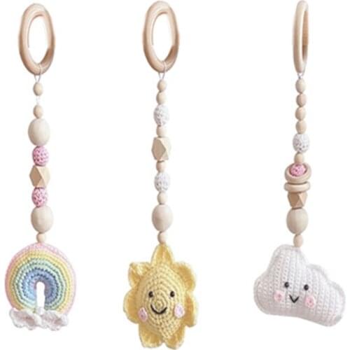 3 Pcs/Set Baby Gym Frame Pendants Crochet Sun Cloud Rainbow Rattles Wooden Ring