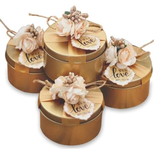5pcs/lot Tinplate Golden Boxes Carriage Sweet Love Iron Candy Box Creative Tinplate Candy Box With Knot Ribbon Flower For Party