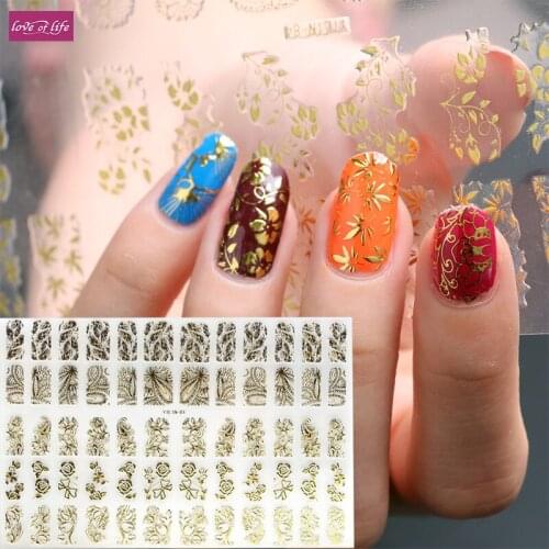 60pcs/sheet 3d Mix Flowers Design Nail Art Stickers, Adhesive Metallic UV Gel Polish Nail Tips Decals