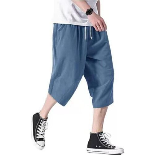2021 Mens Summer New Loose Cotton and Linen Cropped Pants Casual Yoga Pockets Large Size Mid-Waist Thin Section Solid Color