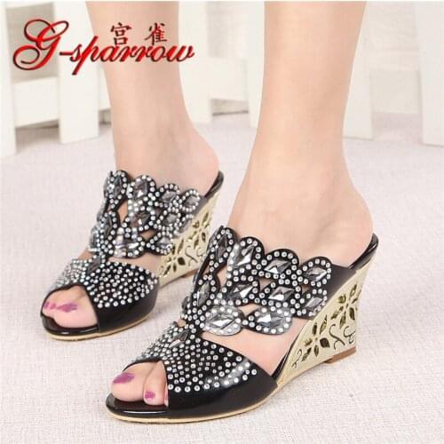 G-sparrow 2018 Summer Rhinestone Womens Diamond Wedge Peep Toe Platform High Heels Female Slippers Black 8cm