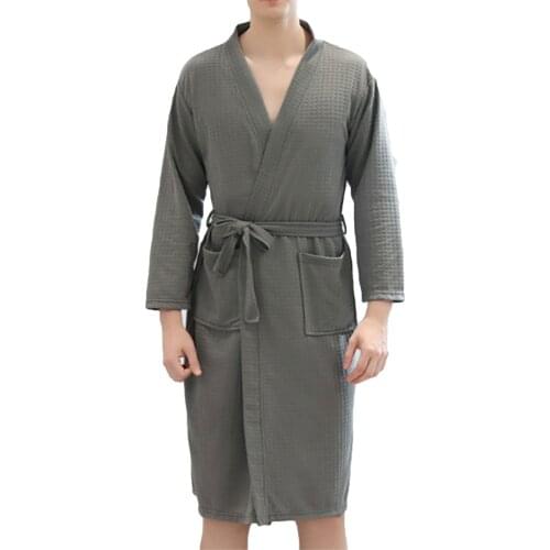 Couple Bathrobe Sleeping Solid Robe Fall Thin Long Sleeve Side Pockets Home Leisure Wear Lace-up Waistband Bathing Robes