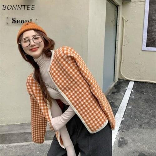Cardigan Women All-match Vintage Korean Style O-Neck Autumn Daily Plaid Orange Teenagers Sweaters Lady Clothing Popular Stylish