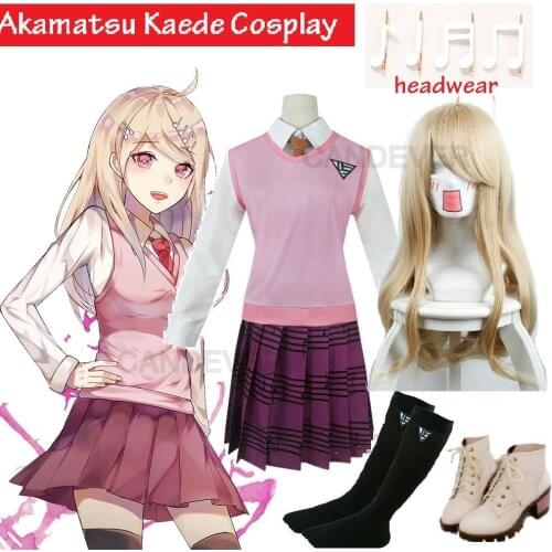 Kaede Akamatsu Cosplay Costume Pink Skirt Set School Girl Shirt Vest Skirt Tie Sock Uniform New Danganronpa V3 Halloween Cosplay