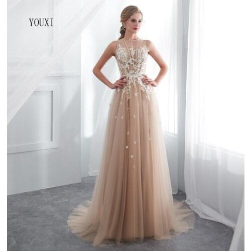 Champagne Lace Tulle A-Line Sleeveless Sexy Prom Dress Illusion Sheer Evening Dress Gown Evening Dresses 2019