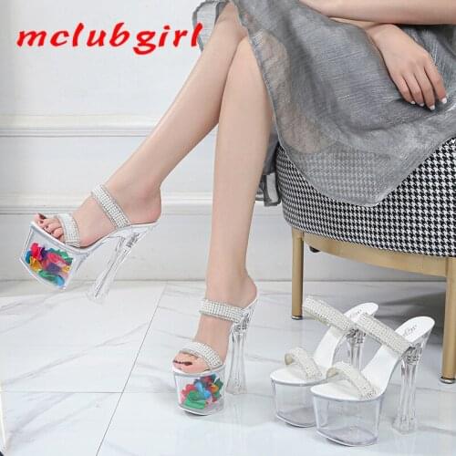 Mclubgirl 2020 Transparent Super High Heel Thick Heel Summer Female Waterproof Platform Pearl Sexy Fairy Slippers LFD