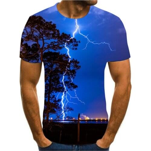 2021 mens 3D print T-shirt, lightning landscape print T-shirt, black summer T-shirt, round neck beach T-shirt