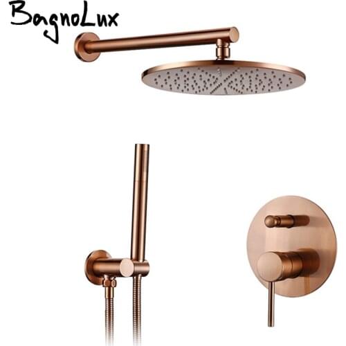 Brass Brushed Rose Gold Shower Bathroom Faucet Ceiling Wall Arm Diverter Mixer Handheld Spray Sets With 8-12" Rian Shower Head