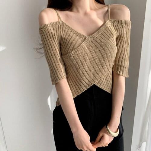 2021 Summer New Elegant Korean Short Sleeve Shirt Blue Fashion Age Reducing Girls' Blouse Knitted Camisole Tops for Women 15581