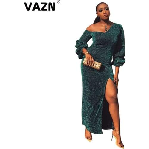 VAZN 2020 New Arrival Sexy Flaring Parity Elegant Young Free Green Full Puff Sleeve Women High Waist Thin Maxi Dress