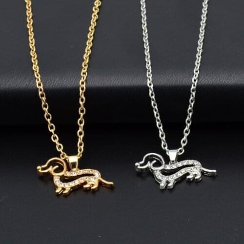 New Cute Little Puppy Dog Pendant Necklace Gold Silver Color Crystal Dachshund Choker Collar Woman Girls Jewelry Gift