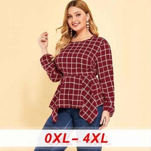 Office Women Blouses Large Casual O-Neck Asymmetrical Hem Square Neck Long Sleeve Blouse Red Plaid Ruffle Shirt Plus Size Tops