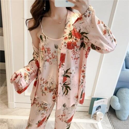 Pajama womens spring and autumn printed Long Sleeve Silk home clothing thin sexy small fragrance three piece set pajama set