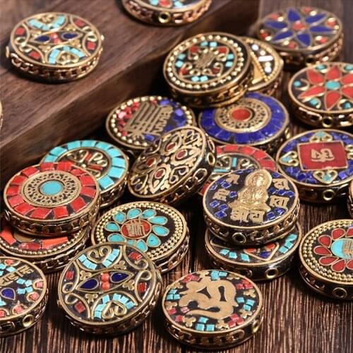 Retro OM Flower Nepal Handmade Red Clay Brass Tibetan Buddha Bead Antique Golden for Jewelry Making DIY Charm Bracelet Necklace