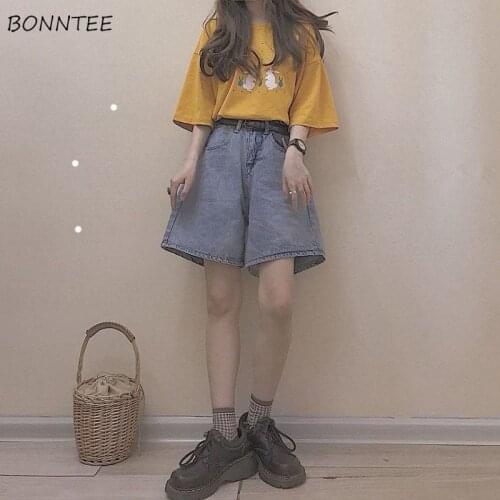 Shorts Women Retros Denim Wide Leg Trousers Summer Casual Loose Korean Style Fashion College All-match High Waist Streetwear Ins