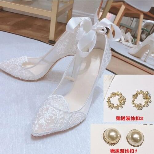 Summer pointed net yarn hollow stiletto high-heeled lace white lace bridal wedding shoes banquet dress wild womens single shoes