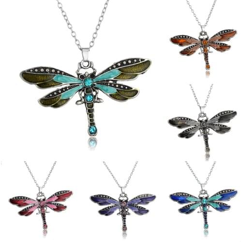 6 Colors Retro Bohemian Pendant Charm Crystal Enamel Dragonfly Chain Necklace Women Jewelry Collier Party Sister Friends Gift