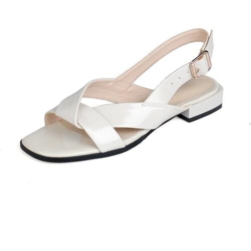 2021 New Genuine Leather Shoes Women Low Heel Square Toe Casual Shoes Summer Comfortable Ladies Sandals Black Beige Size 35-42