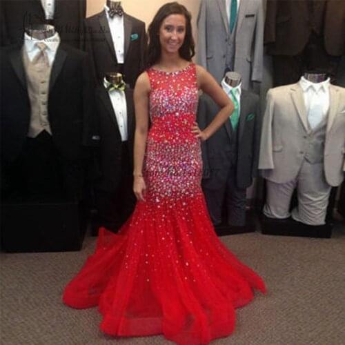 Vestido Longo Festa Red Dubai Evening Dresses Long Crystal Beaded Prom Dress Mermaid Sleeveless Formal Women Gowns Avondjurken