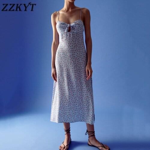 ZZKYT 2021 Women Summer Vintage Floral Print Bow Tie Midi Dress Fashion Sleeveless Backless Tin Tie Straps Female Party Dresses